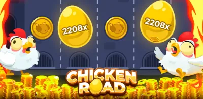 Portada de Chicken Road con dos gallinas animadas, huevos dorados y un multiplicador de 2208x