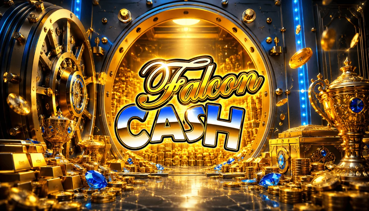 Bóveda blindada dorada abierta llena de lingotes y gemas azules en el arte de Falcon Cash
