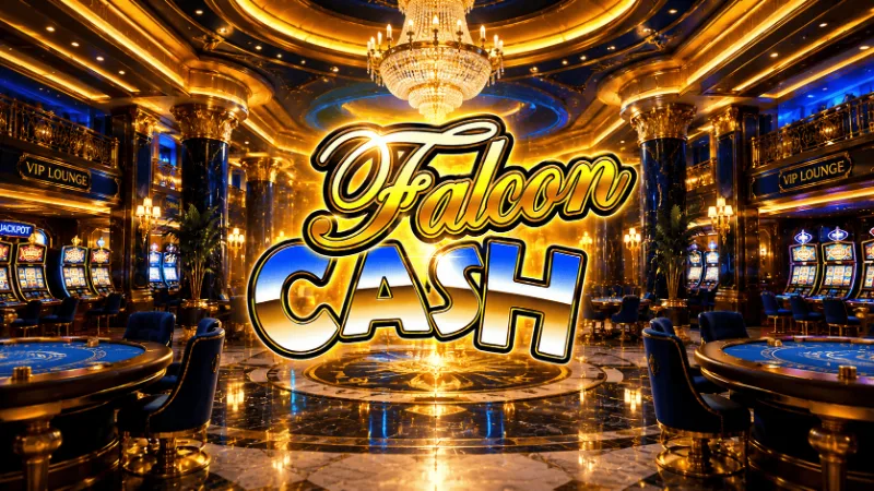 Salón VIP con lámpara de araña, mesas de juego azules y máquinas tragamonedas en Falcon Cash