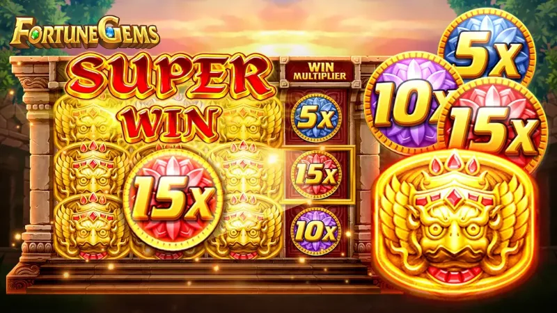 Pantalla de Super Win en Fortune Gems 2 con máscaras doradas alineadas y un multiplicador de 15x