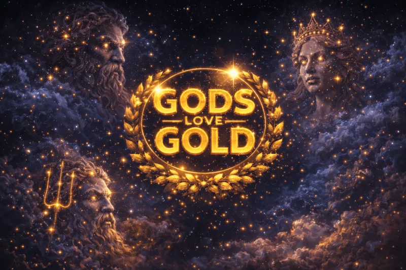 Zeus, Poseidón y una diosa coronada como constelaciones alrededor del logotipo de Gods Love Gold