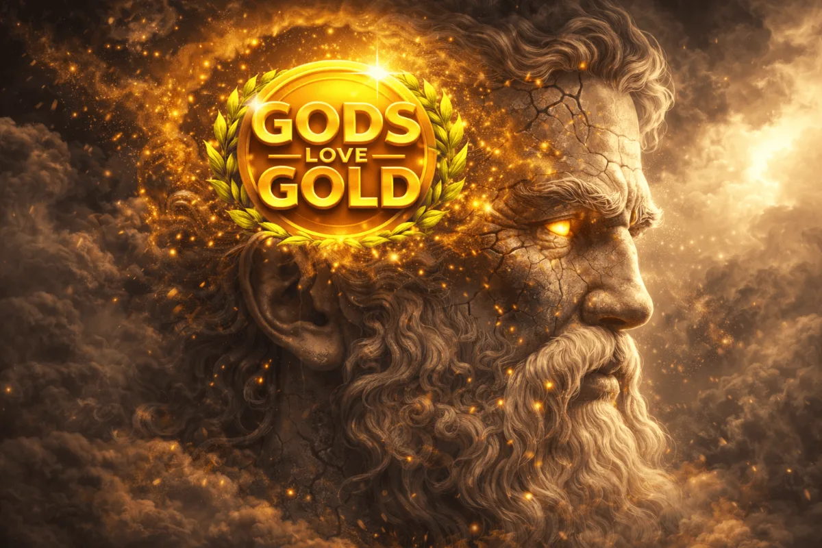Rostro de piedra agrietada de Zeus con el ojo encendido entre nubes doradas en Gods Love Gold
