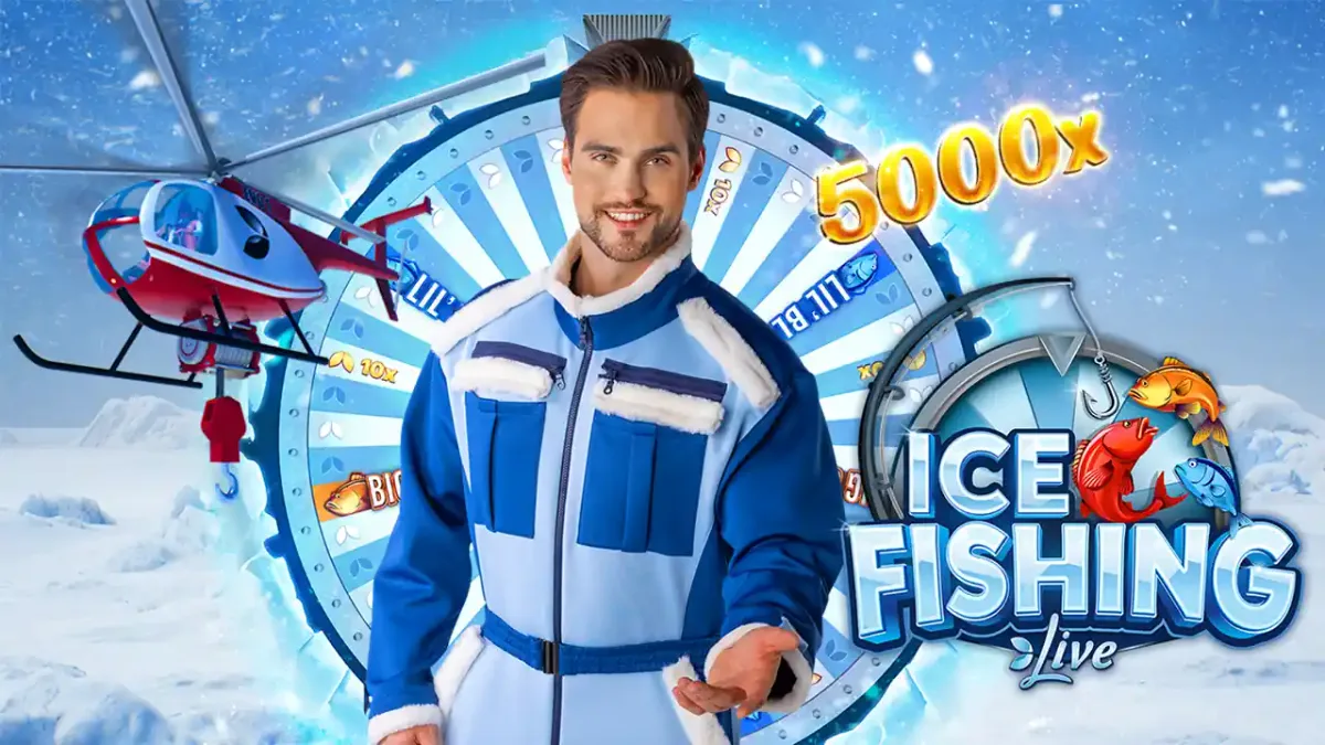 Presentador con traje polar azul frente a la rueda de premios de Ice Fishing Live, con un helicóptero y el multiplicador 5000x